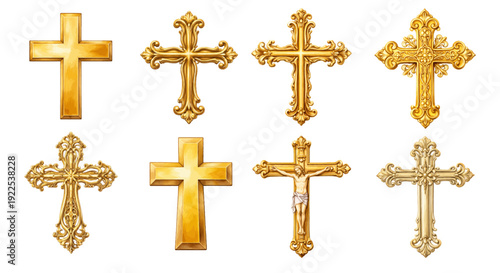 A charming watercolor collection of golden cross clipart, including ornate crosses, classic Christian symbols, decorative filigree details, and rich gold tones.