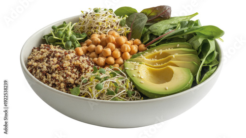 Healthy food bowl with quinoa and avocado isolated on a transparent background