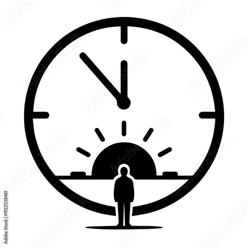 Conceptual Minimalist Clock Icon of a Person Standing Before a Rising Sun