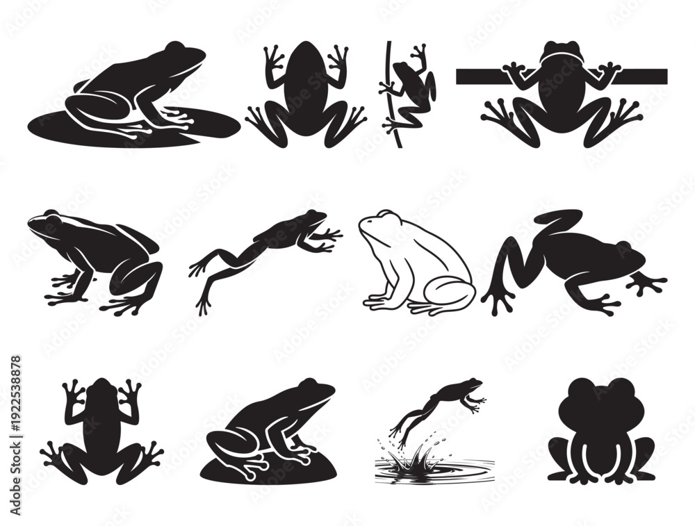 Fototapeta premium Frog Silhouettes Set | Jumping Amphibian Wildlife Icons | Black Frog Outline Clipart Collection