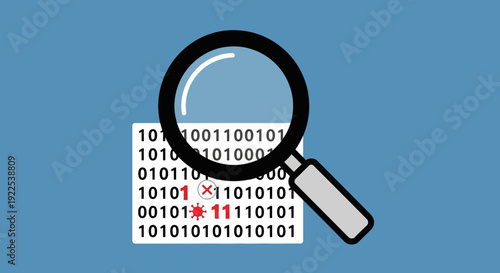Magnifying Glass Examining Binary Code Data.