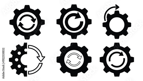 Black gears with circular arrows depicting process workflow and mechanical systems