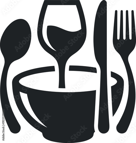 Restaurant Dining Icon Set , Gravy Boat, Bowl, and Cutlery Vector Silhouette