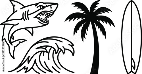 Summer vacation line art featuring an angry shark a powerful wave a tall palm tree and a sleek surfboard