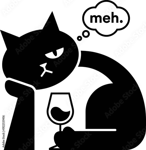 A stylized black cat shows disinterest while holding a wine glass with a 'meh' thought bubble, conveying apathy.