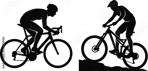 Silhouettes of a road cyclist and a mountain biker demonstrating different cycling disciplines