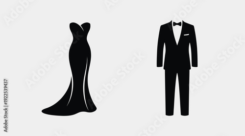Elegant black evening gown paired with a classic men's tuxedo for formal events