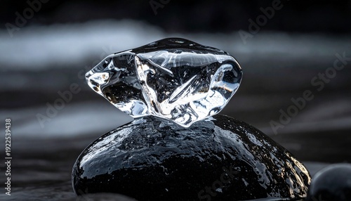 Abstract Ice Formation on Dark Wet Stone with Soft Blurred Background