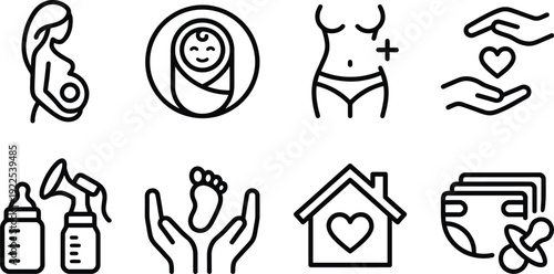 Essential outline icons for pregnancy birth newborn care and women's wellness concepts