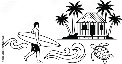Surfer walking along a tropical beach with palm trees a hut and a sea turtle enjoying island life