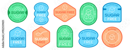 100 percent sugar free icon vector set. No added sugar label or seal for product design packaging. Diabetic food colorful sticker. Zero calories emblem, diet beverage products badge, healthy eat stamp