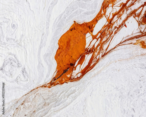 Elegant White Marble Background with Bold Orange Mineral Veins and Natural Stone Flow Pattern