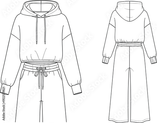 Flat fashion sketch of a women's cropped hoodie and wide leg joggers set, front and back view vector illustration for apparel design and tech packs.
