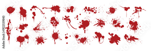 Spray paint red inky drips, stains, liquid splatters or blots. Blood splashes, graffiti speckles, spatters or inkblot spots for halloween design. Paintbrush blobs, splotches with horror crime effects
