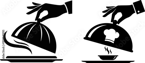 Hand Lifting Restaurant Cloche Icon , Gourmet Food Service Tray Vector Silhouette