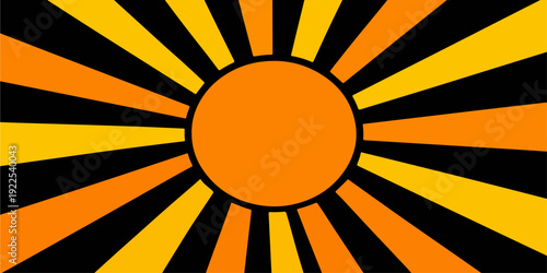 An abstract orange and yellow vector sunburst design features bright summer rays and sunlight beams in a retro grunge art style to create a hot sunny sky wallpaper illustration