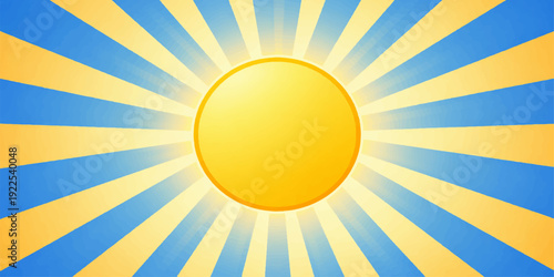 Abstract vector illustration of a bright yellow sunburst on a summer beach background with orange sunbeams and hot sunlight rays in a sunny sky design
