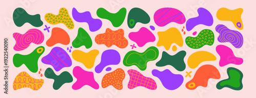Set of colorful liquid organic shapes, irregular form. Colorful simple freeform or asymmetric blobs. Random deformed abstract figures, wave spots, fluid amorphous splodges. Modern blots, amoeba drops