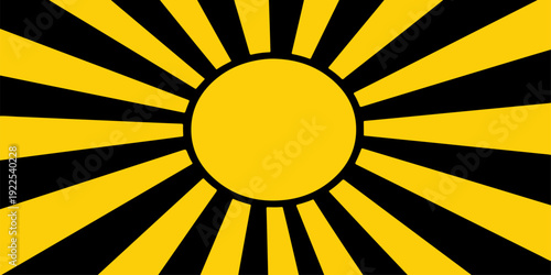 An abstract summer background illustration featuring a bright yellow and orange sunburst design with vector rays and solar beams glowing in a hot sunbeam pattern across a circular star sky