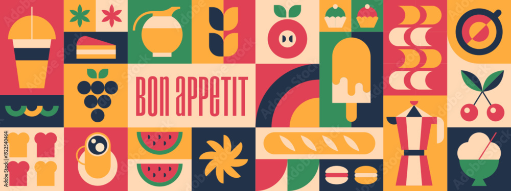 Fototapeta premium Abstract geometric coffee pattern with bakery, cup of drink, sweets and fruits icons or bauhaus brutalist elements. Vector minimalist seamless background, design template for cafe menu or packaging