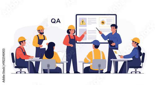 Illustration of a team of construction workers in hard hats presenting a graph on a whiteboard with a Q&A session in a meeting setting.