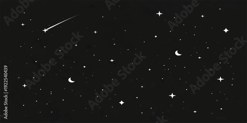 An abstract animation of falling snow flakes and stars looping through a dark blue starry night sky across a vast galaxy and outer space cosmos particles field