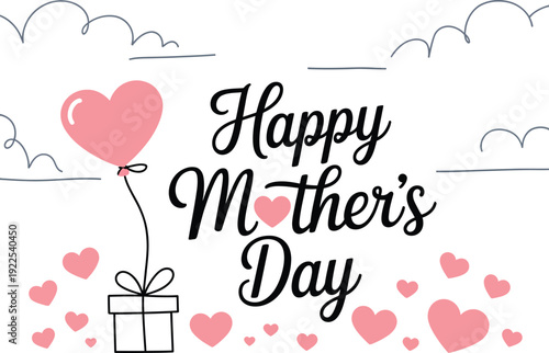 Happy Mothers Day with pink heart balloon and gift and clouds Keywords: Happy Mothers Day