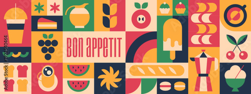 Abstract geometric coffee pattern with bakery, cup of drink, sweets and fruits icons or bauhaus brutalist elements. Vector minimalist seamless background, design template for cafe menu or packaging