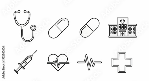 Comprehensive medical icon set including stethoscope, capsules, hospital building, syringe, heartbeat, and cross symbol.
