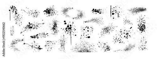 Spray paint inky blots, drips or splatters vector set. Hand drawn black splashes, graffiti speckles, dripping liquid spots with dusty grunge effect. Paintbrush blobs, dirty splash stains or mud drops
