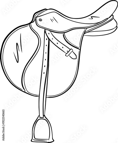 Hand drawn line art classic english saddle for horse riding and jumping isolated on transparent background