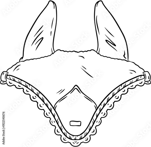 Hand drawn line art ear bonnet for protecting horse from sounds and insects during riding and sport shows isolated on transparent background