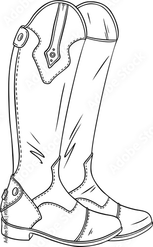 Hand drawn line art high leather boots for horse riding and jumping sport show isolated on transparent background