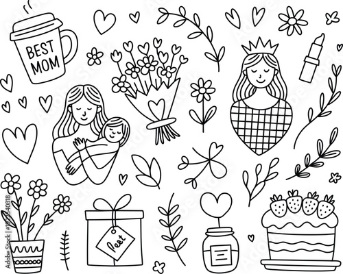 Mother's Day doodle art with mom and baby, flowers, cake and gifts Keywords: Mother's Day, mom