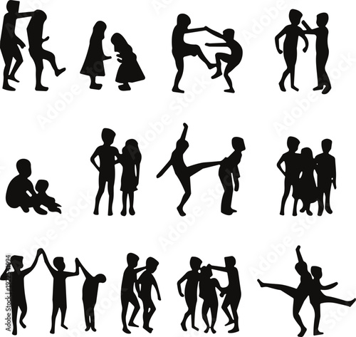 Children fighting and bullying silhouettes set, aggressive kids behavior vector collection, school violence and conflict scenes isolated on white background