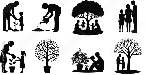 Family gardening silhouettes collection, parents and children planting tree and watering plants, environmental care concept vector isolated on white background