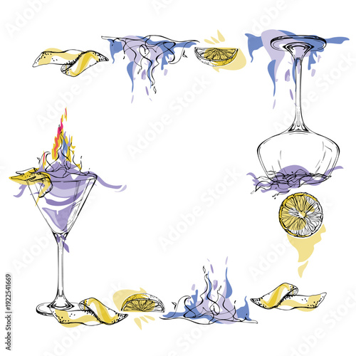 Vector frame of violet cocktails, burning fire flames, lemon peel and juice. Abstract color splashes and clean ink outlines. Hand drawn for themed menus, creative layouts, blog headers and packaging.