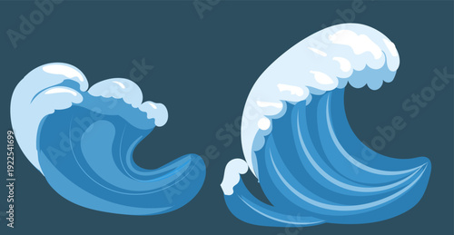 Vector sea, ocean waves set. Illustration of blue ocean waves with white foam. Isolated water splash set in cartoon style. Element for design.