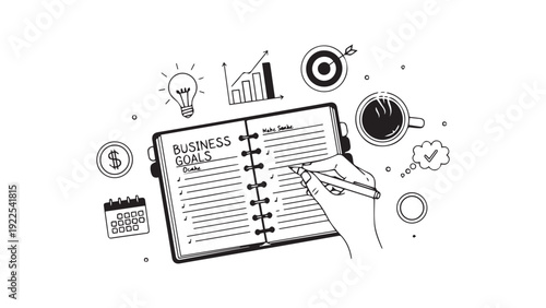 Business Goals Planner Notebook with Coffee Cup – Productivity and Strategic Planning Concept for Entrepreneurs and Office Professionals