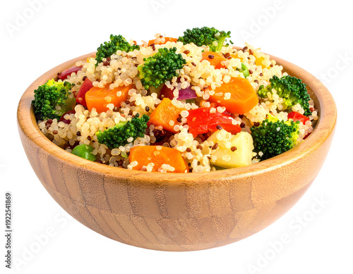 Delicious and Healthy Quinoa Salad in a Wooden Bowl.