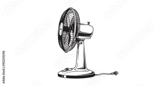 Black and White Illustration of a Vintage Electric Desk Fan on a Metal Stand.