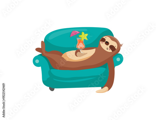 Vector illustration of a sloth relaxing on a sofa with a flower.