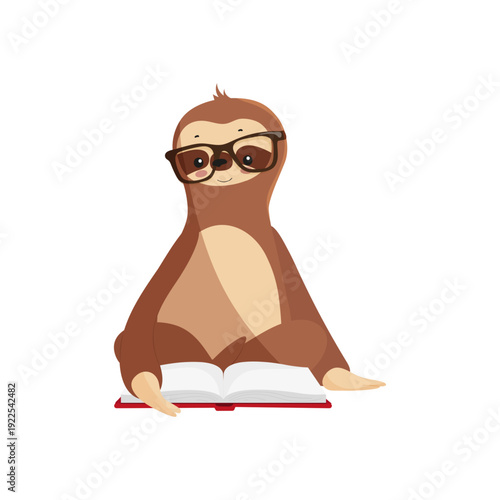 Vector illustration of a sloth reading a book with glasses.