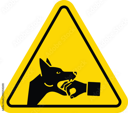Beware of guard dog warning sign, black silhouette dog biting hand in yellow triangle safety symbol