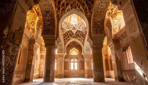 Beautiful Historical Islamic Architecture Interior with Intricate Arches and Carved Details Monument