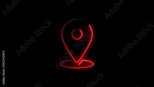 Red neon location pin on black background map pin pointer