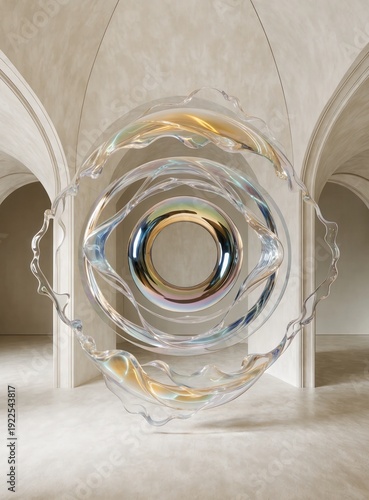 Iridescent Celestial Ring Sculpture in Minimal Gallery Luxury Interior Editorial Background