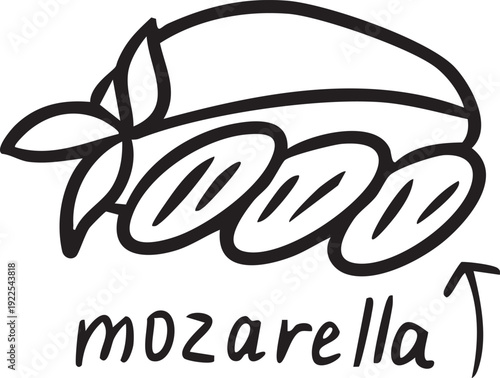 Black and white line art vector illustration of mozzarella cheese slices with basil and text