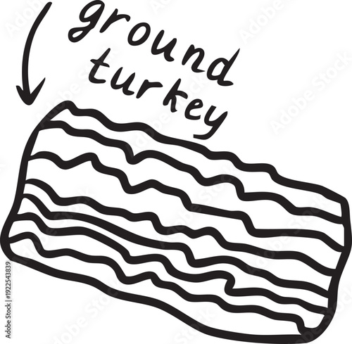 Black and white line art vector illustration of ground turkey meat with text