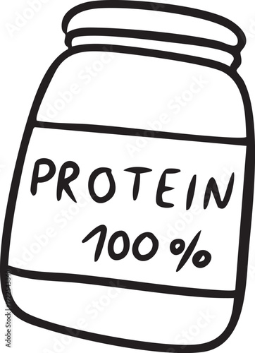 Black and white line art vector illustration of protein powder jar, sports nutrition concept